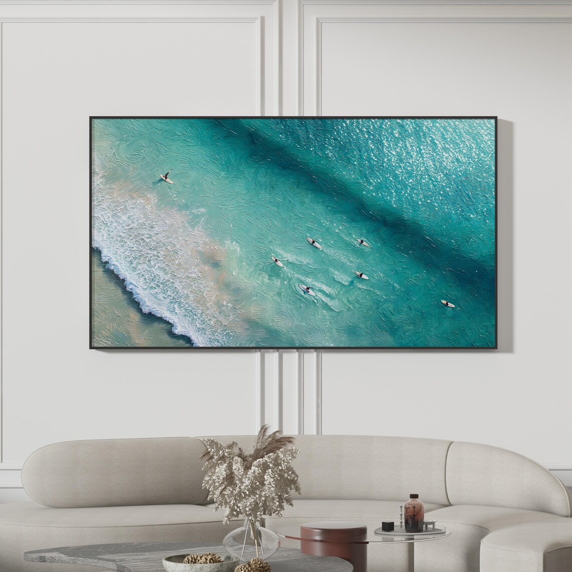 Aerial Ocean Waves Surfers Turquoise Beach Canvas Painting Poster