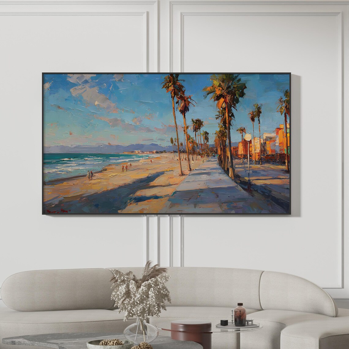 Beach Boardwalk Palm Trees Painting Ocean Sunset Coastal Art Print