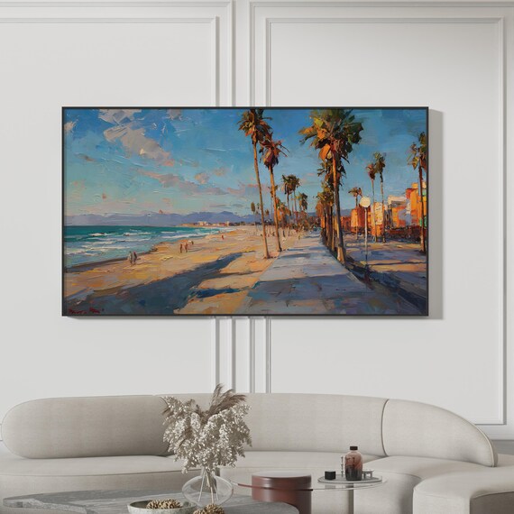 Beach Boardwalk Palm Trees Painting Ocean Sunset Coastal Art Print