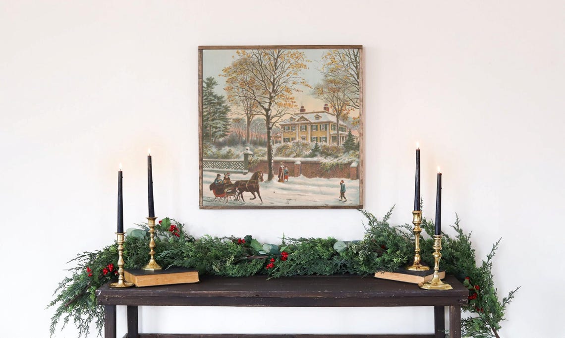 Vintage Snowy Street Horse-Drawn Sleigh Winter Christmas Poster