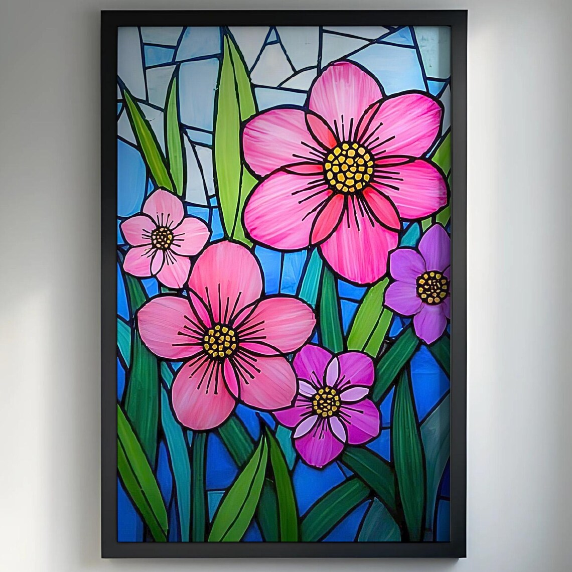 Pink And Purple Flower Art Print, Stained Glass Style