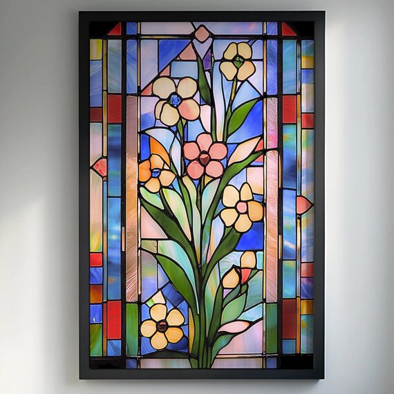 Colorful Stained Glass Flower Art Yellow Pink Blossoms Poster