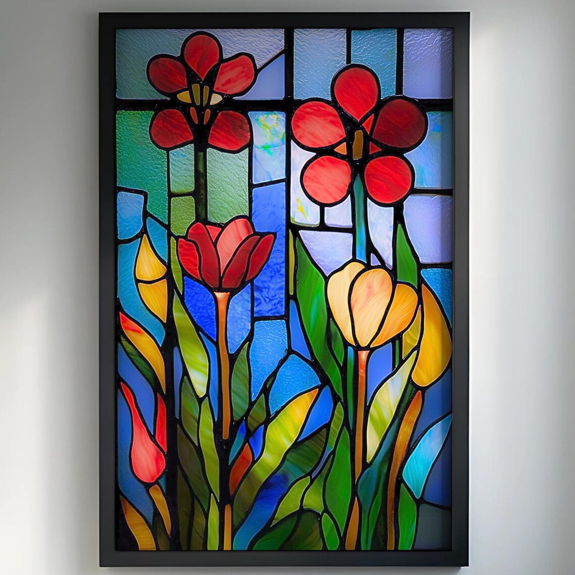 Red Yellow Blue Flower, Stained Glass Style Art Print