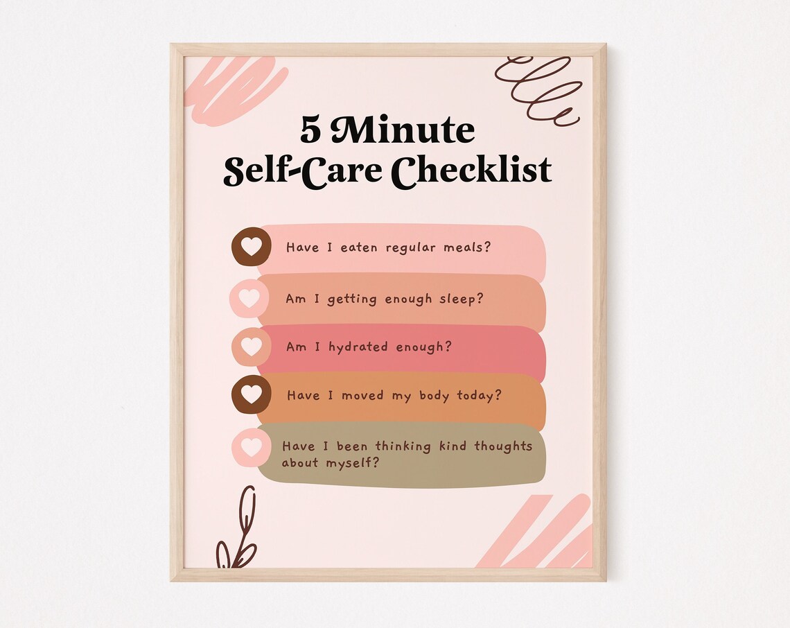 5 Minute Self-Care Checklist Art Print, Therapy Tips