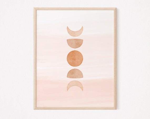 Boho Sun Moon Phase Abstract Print Watercolor Pastel Midcentury Eclectic Terracota