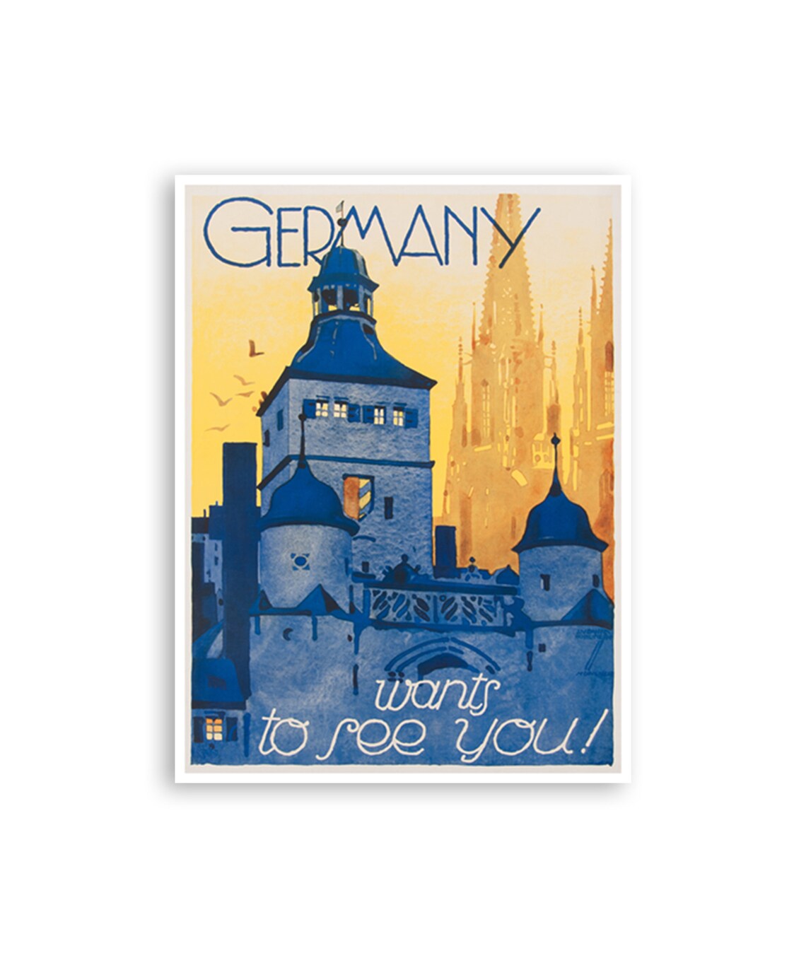 Germany Wants to See You Vintage Blue Tower Cathedral Travel Poster