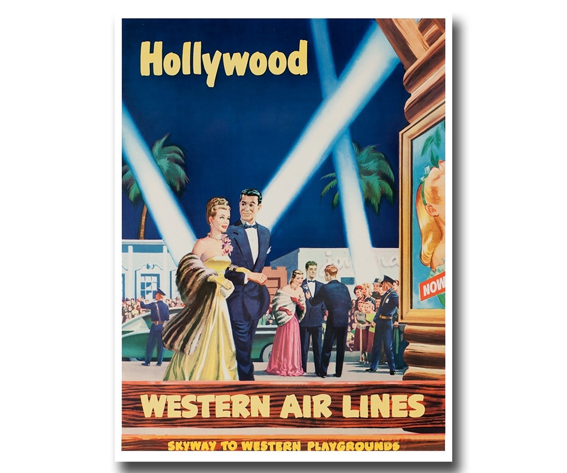 Hollywood Premiere Night Western Air Lines Vintage Travel Poster