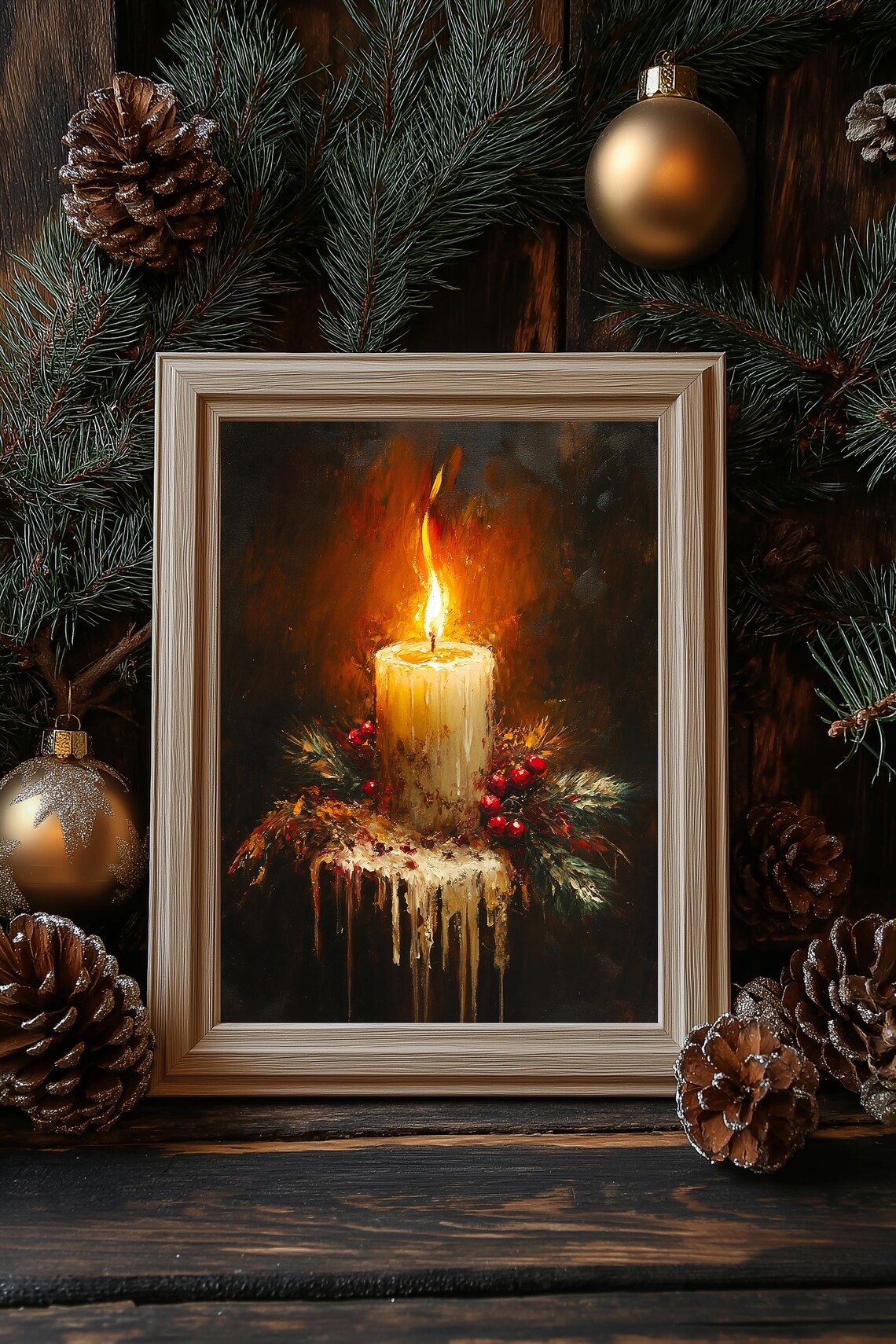 Glowing Vintage Candle With Red Berries Dark Moody Holiday Poster - Image 3