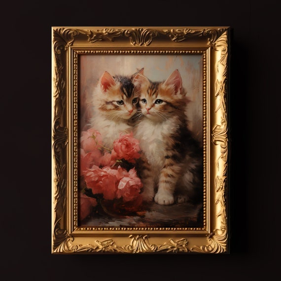 Romantic Cat Couple Painting Kittens Wall Art Cat Artwork Cute Nursery Decor Vintage Valentines Day Decor Valentines Print
