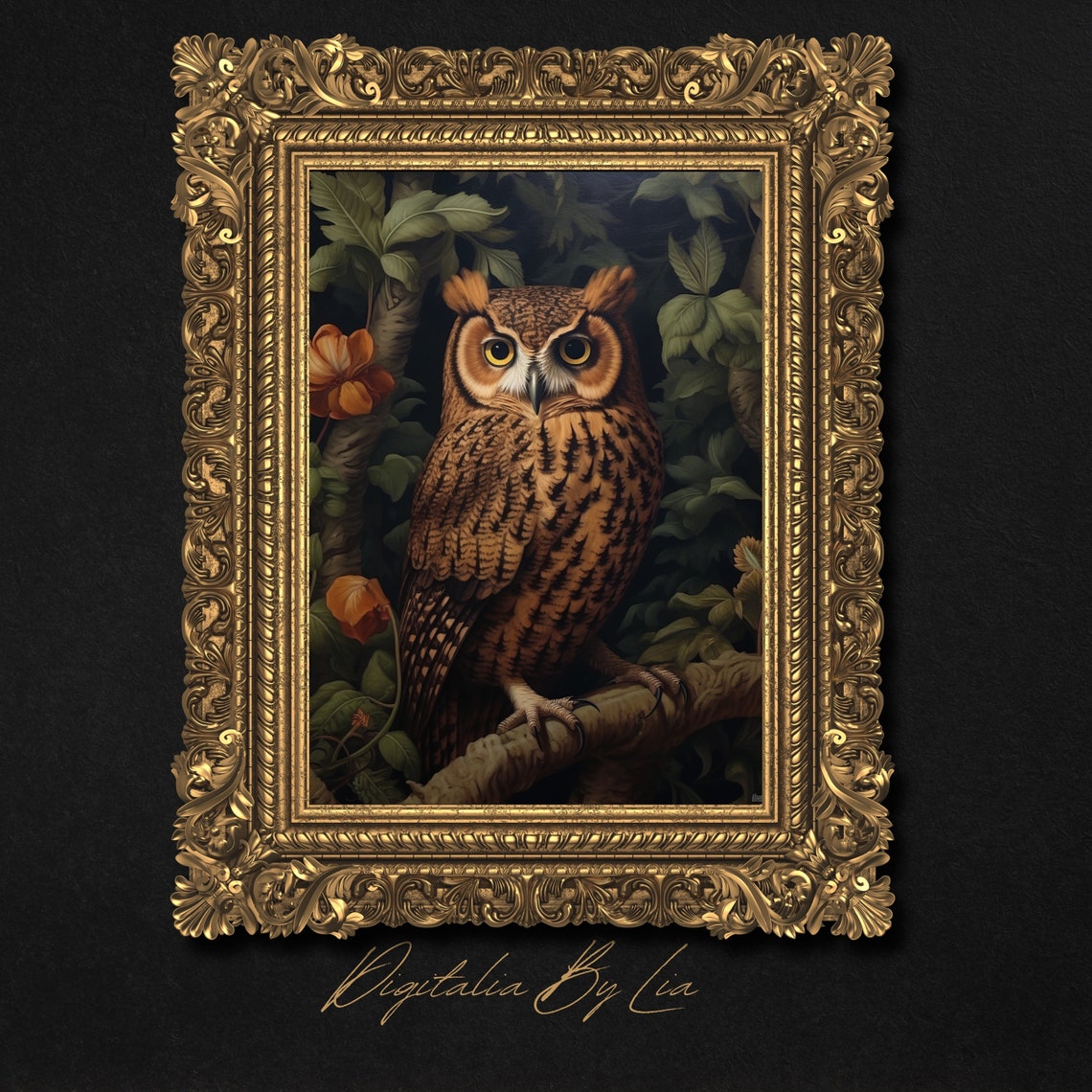 Owl On Flowering Branch Dark Night Foliage Gothic Bird Portrait Print