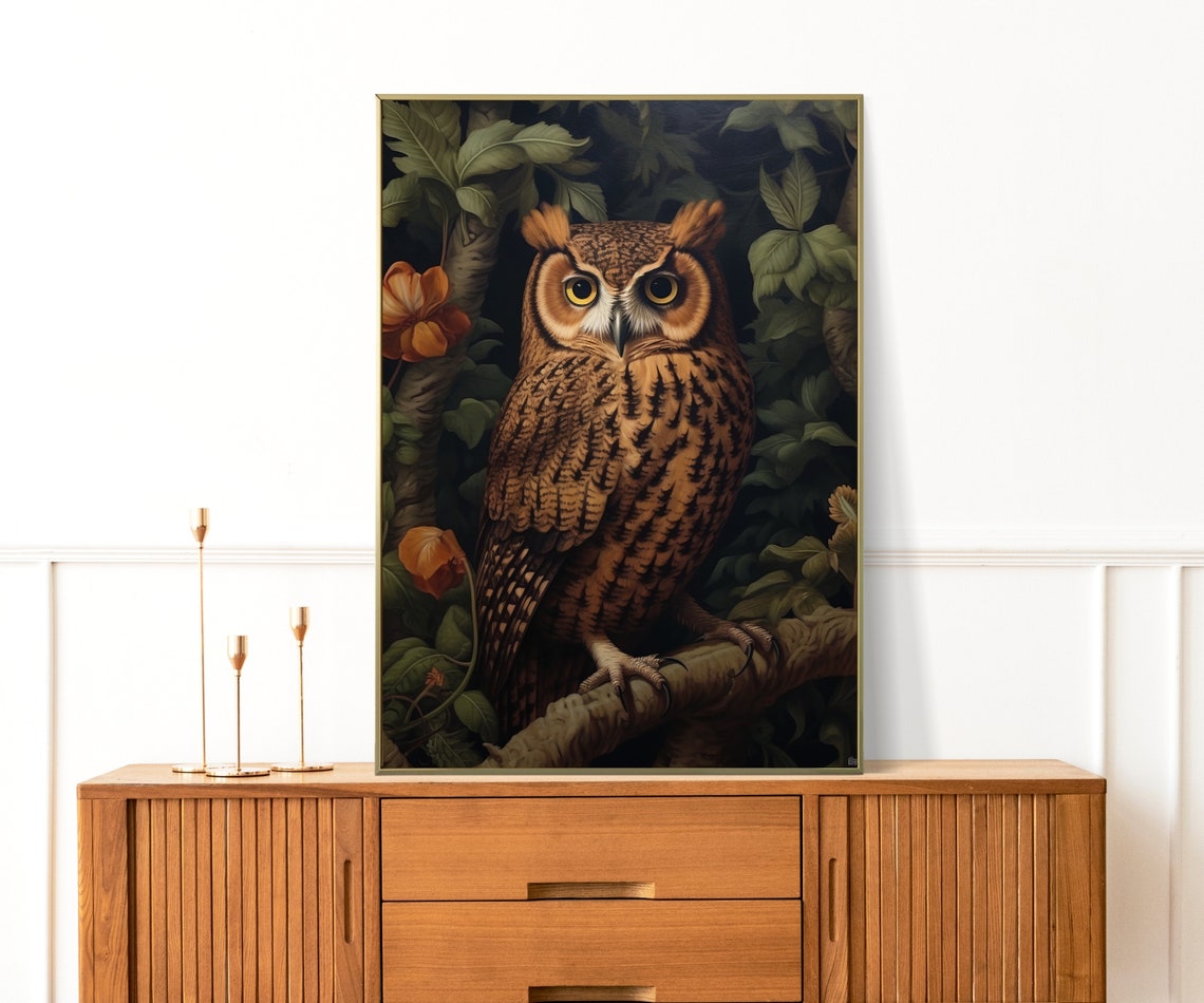 Owl On Flowering Branch Dark Night Foliage Gothic Bird Portrait Print - Image 4