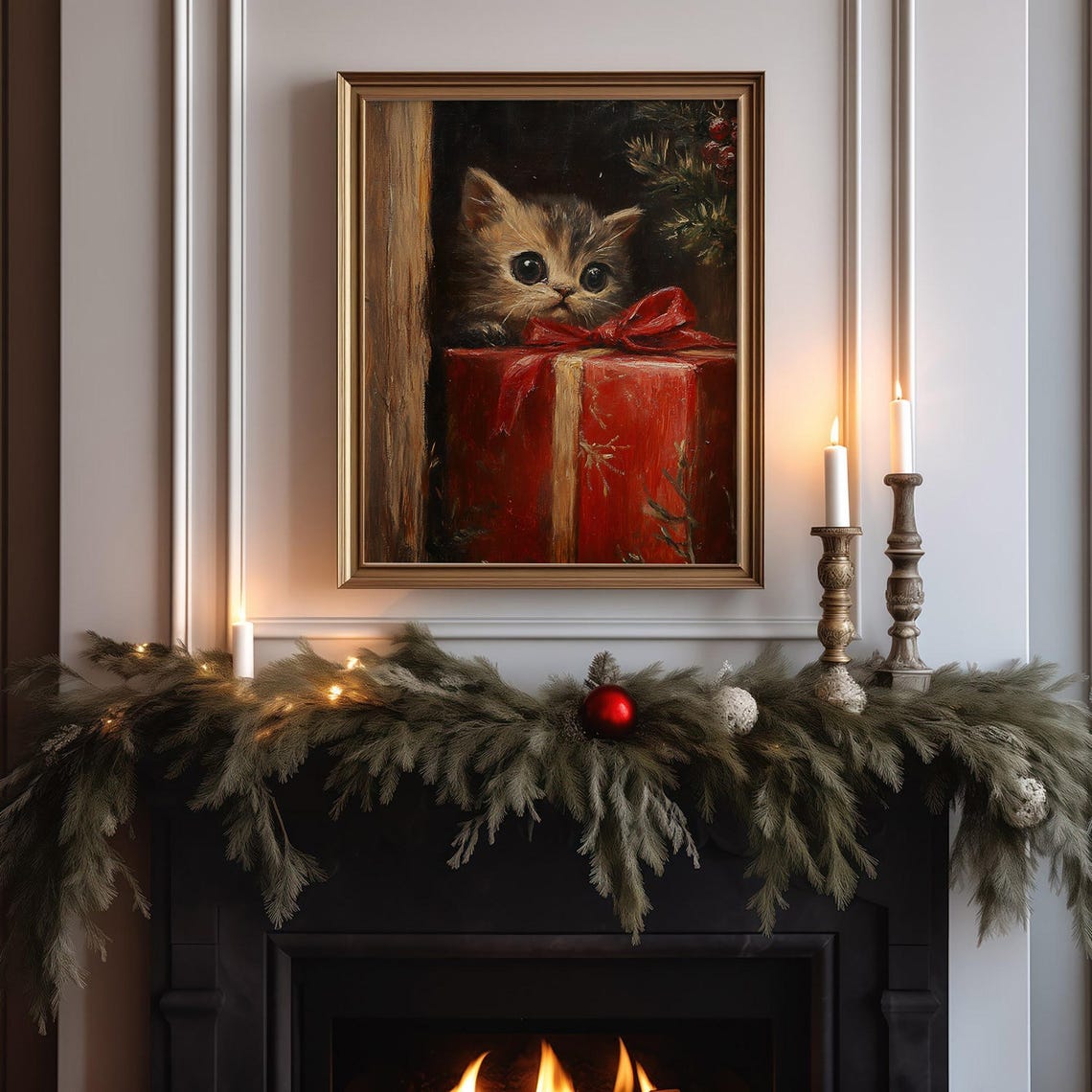 Kitten Peeking From Red Christmas Gift Box Cute Holiday Print - Image 2
