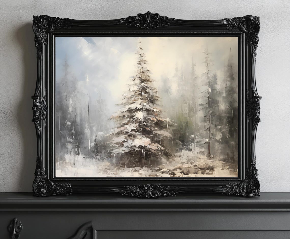 Snow Covered Pine Trees Misty Forest Serene Winter Landscape Print - Image 3