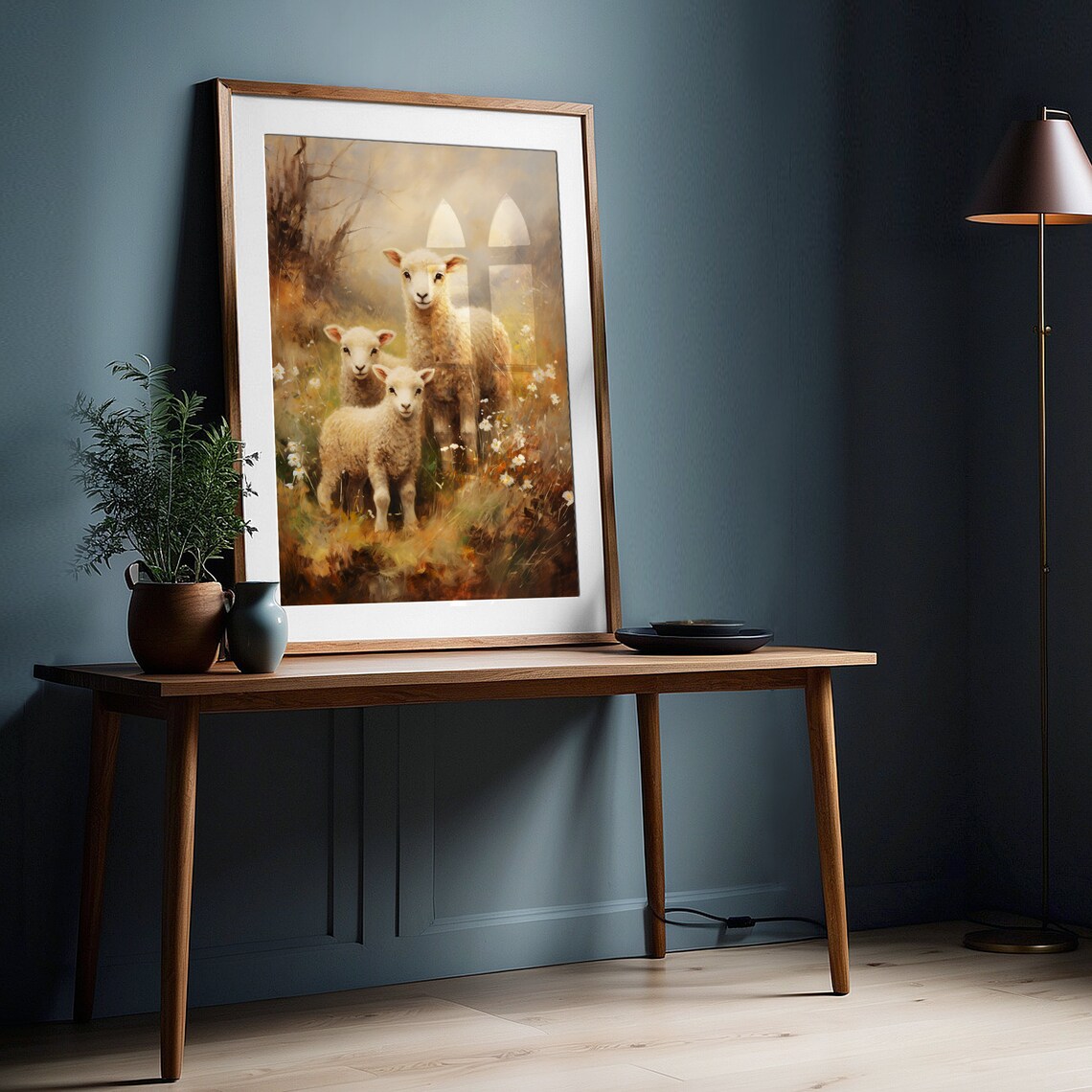 Three Lambs In Flower Meadow Vintage Easter Farmhouse Animal Print - Image 3
