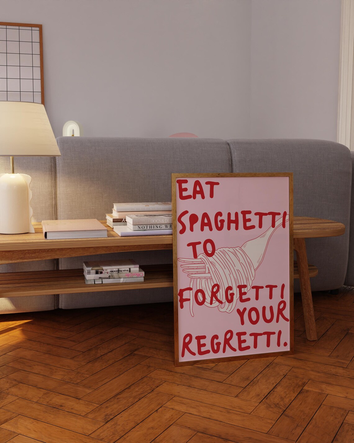 Eat Spaghetti to Forgetti Your Regretti Pink Funny Food Poster - Image 3