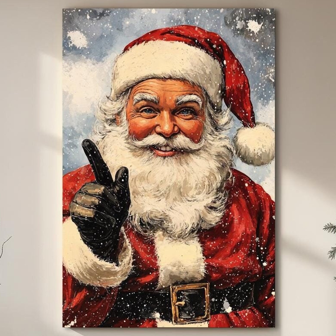 Vintage Santa Claus Portrait Christmas Snowfall Winking Art Print