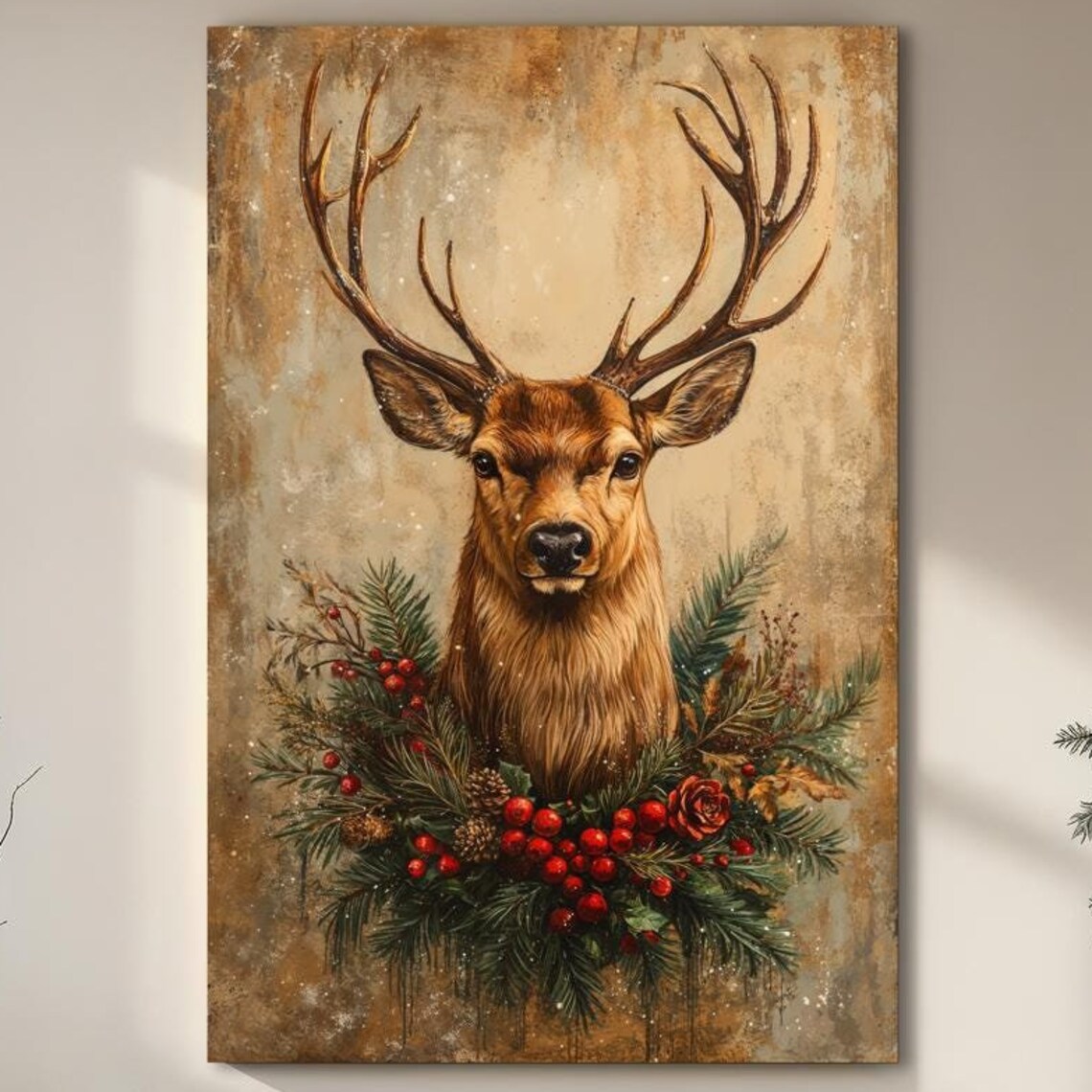 Majestic Stag With Christmas Wreath Rustic Reindeer Portrait Poster