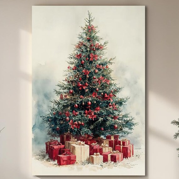 Watercolor Christmas Tree With Red Gifts Vintage Holiday Wall Art
