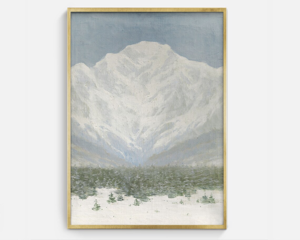 Snow Capped Winter Mountain Evergreen Forest Vintage Art Print