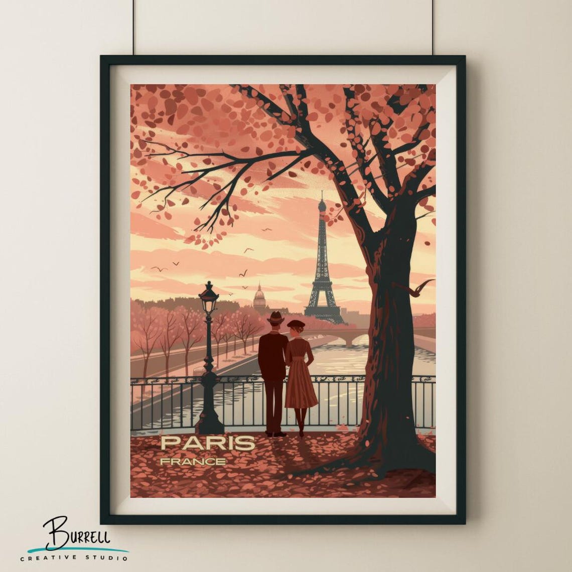Paris France Eiffel Tower Autumn River Couple Vintage Travel Poster
