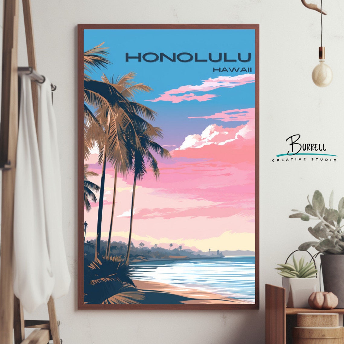 Honolulu Hawaii Palm Trees Sunset Beach Pink Sky Island Travel Poster - Image 4