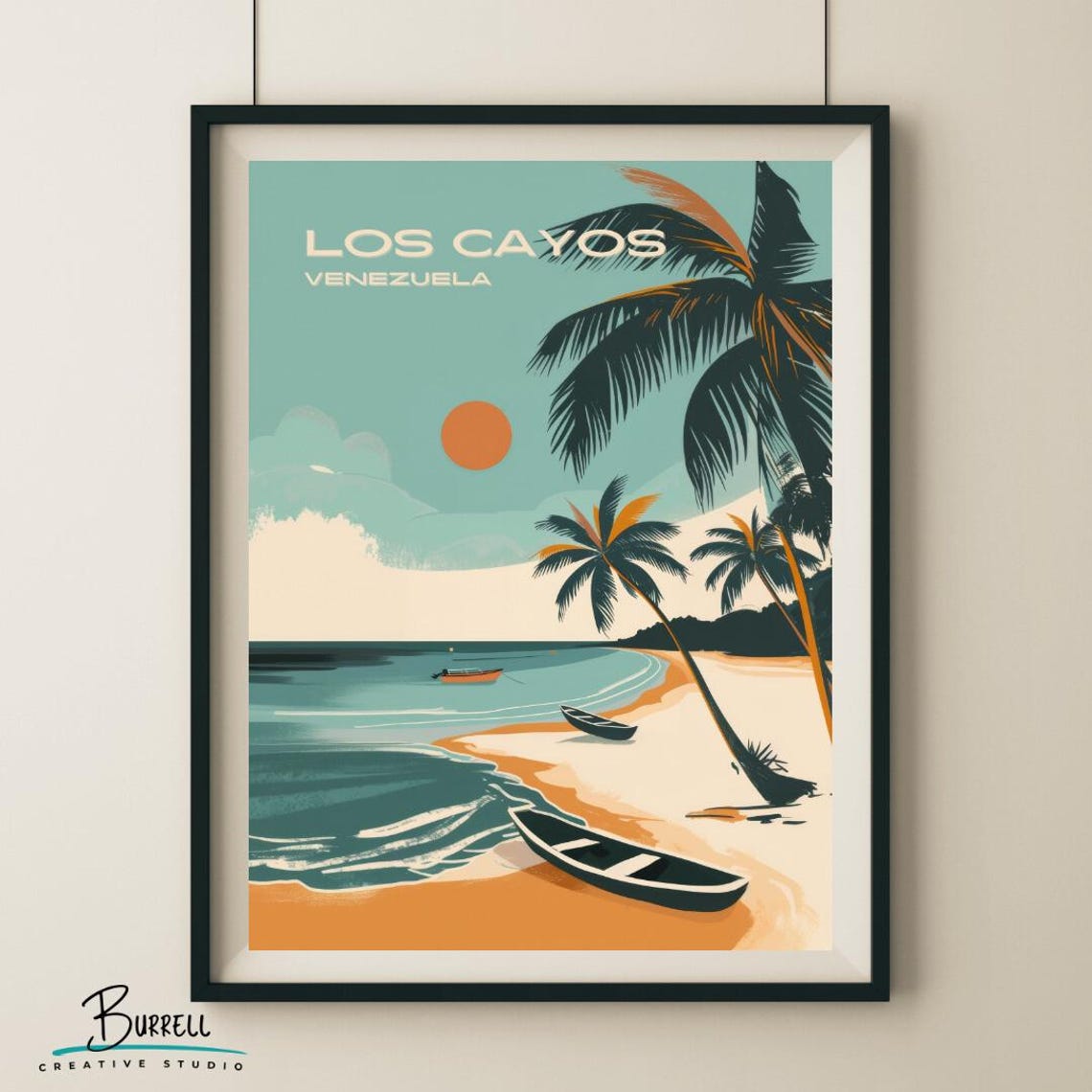 Los Cayos Venezuela Retro Palm Beach Sunset Fishing Boats Poster