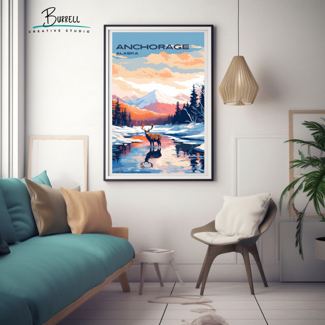 Anchorage Alaska Caribou In Snowy Stream Mountain View Poster - Image 3