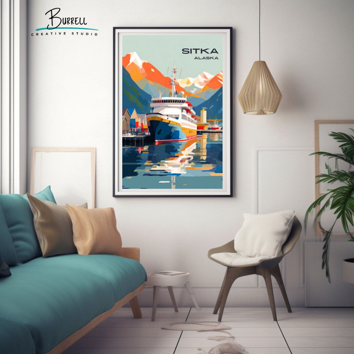 Sitka Alaska Cruise Ship Harbor Snowy Mountain Waterfront Poster - Image 3