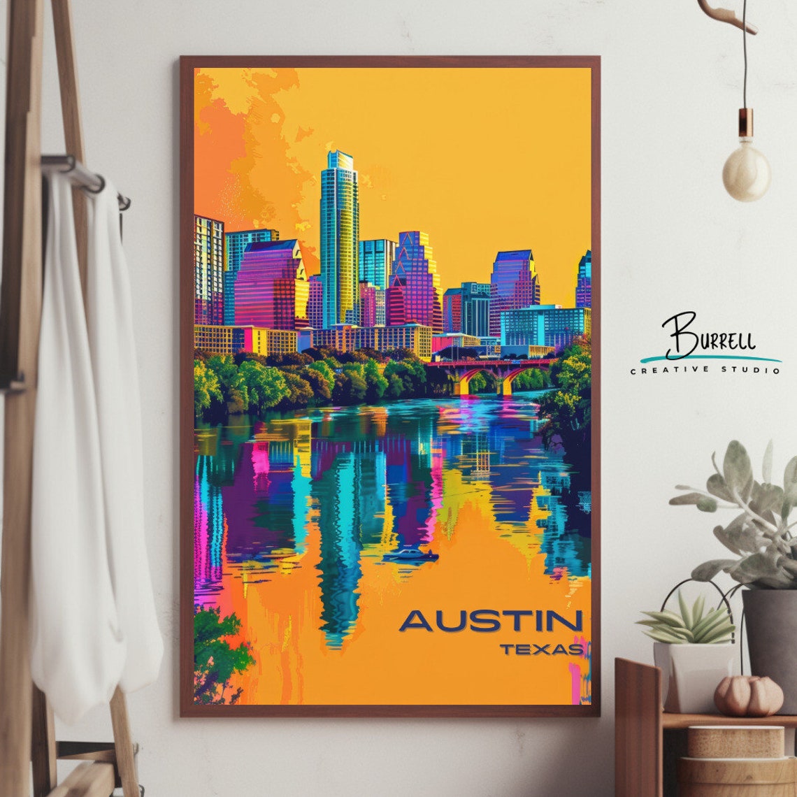 Austin Texas Skyline Neon Sunset Reflection Lady Bird Lake Poster - Image 4