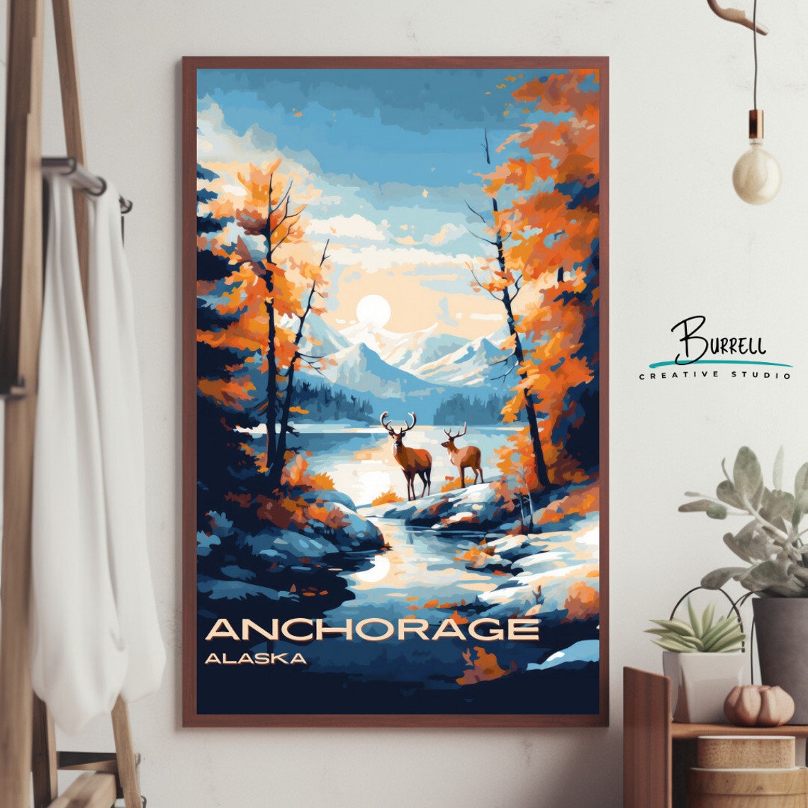 Anchorage Alaska Autumn Lake Moonlit Deer Forest Shore Poster - Image 4