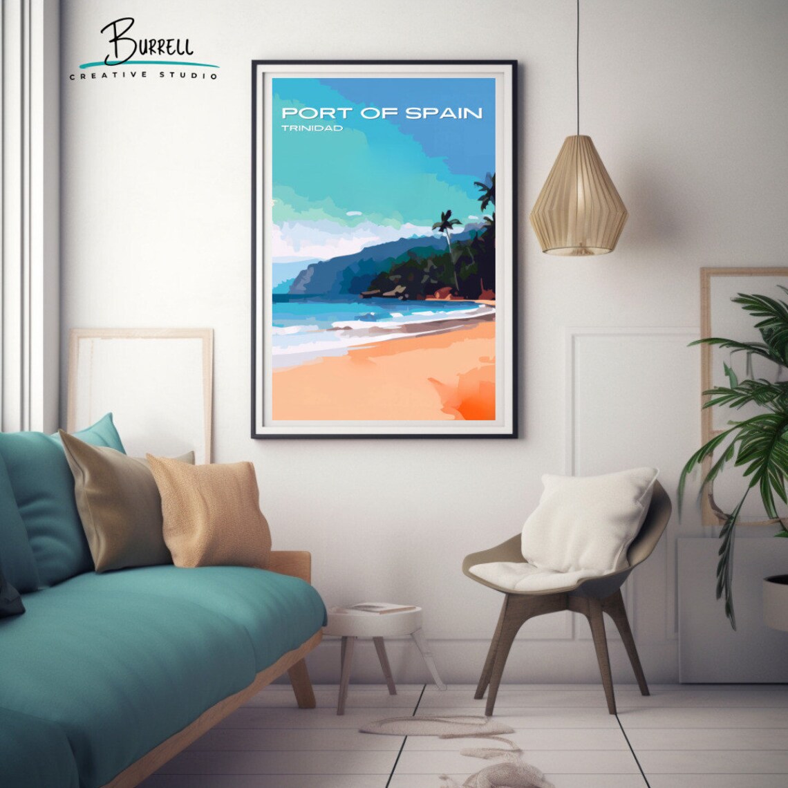 Port of Spain Trinidad Golden Beach Cliffs Palm Shore Travel Poster - Image 3