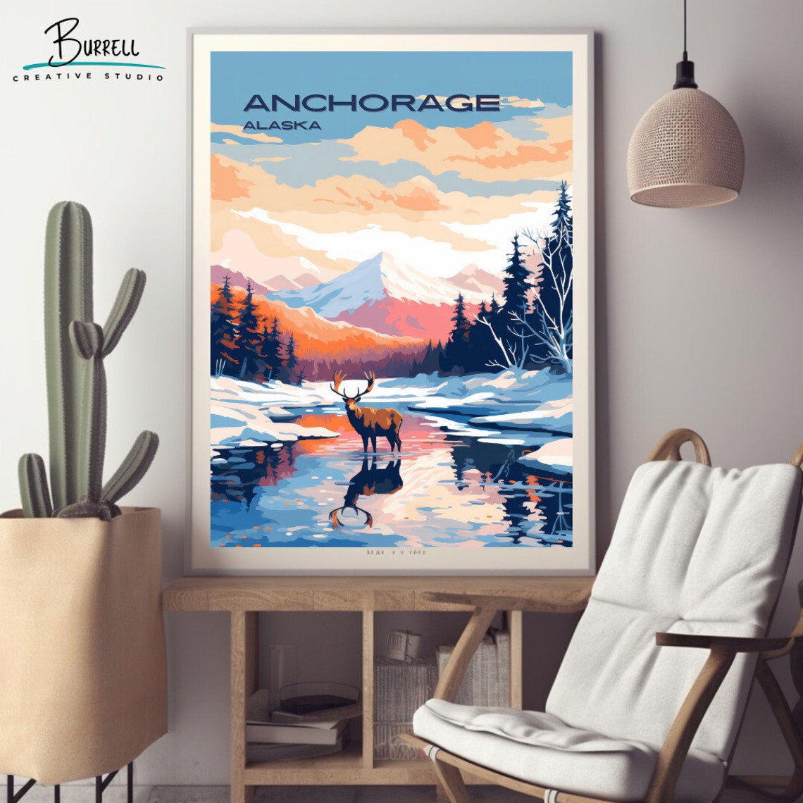 Anchorage Alaska Caribou In Snowy Stream Mountain View Poster - Image 2