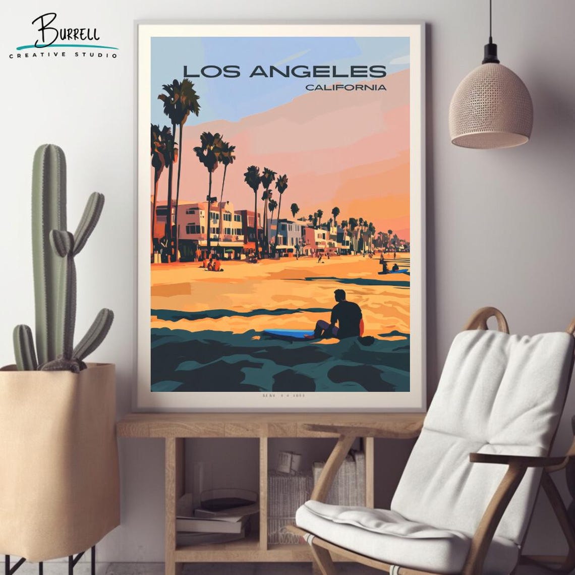 Los Angeles Venice Beach Surfer Sunset Palms Beachfront Travel Poster - Image 2