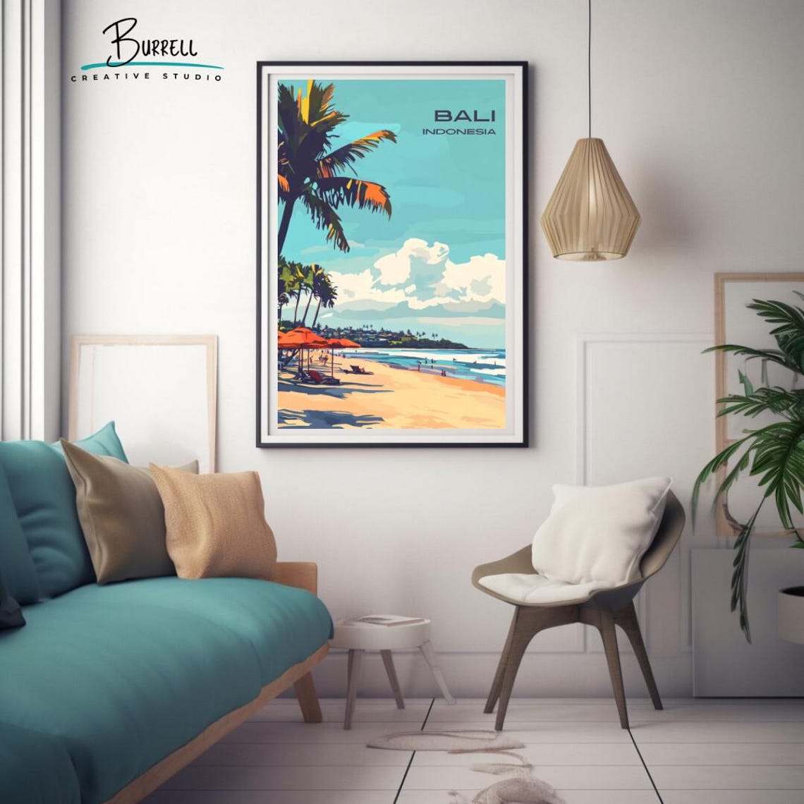 Bali Indonesia Seminyak Beach Palm Umbrellas Surf Waves Poster - Image 3