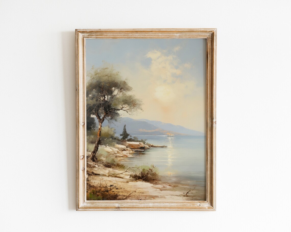 Coastal Landscape Painting, Vintage Farmhouse Decor