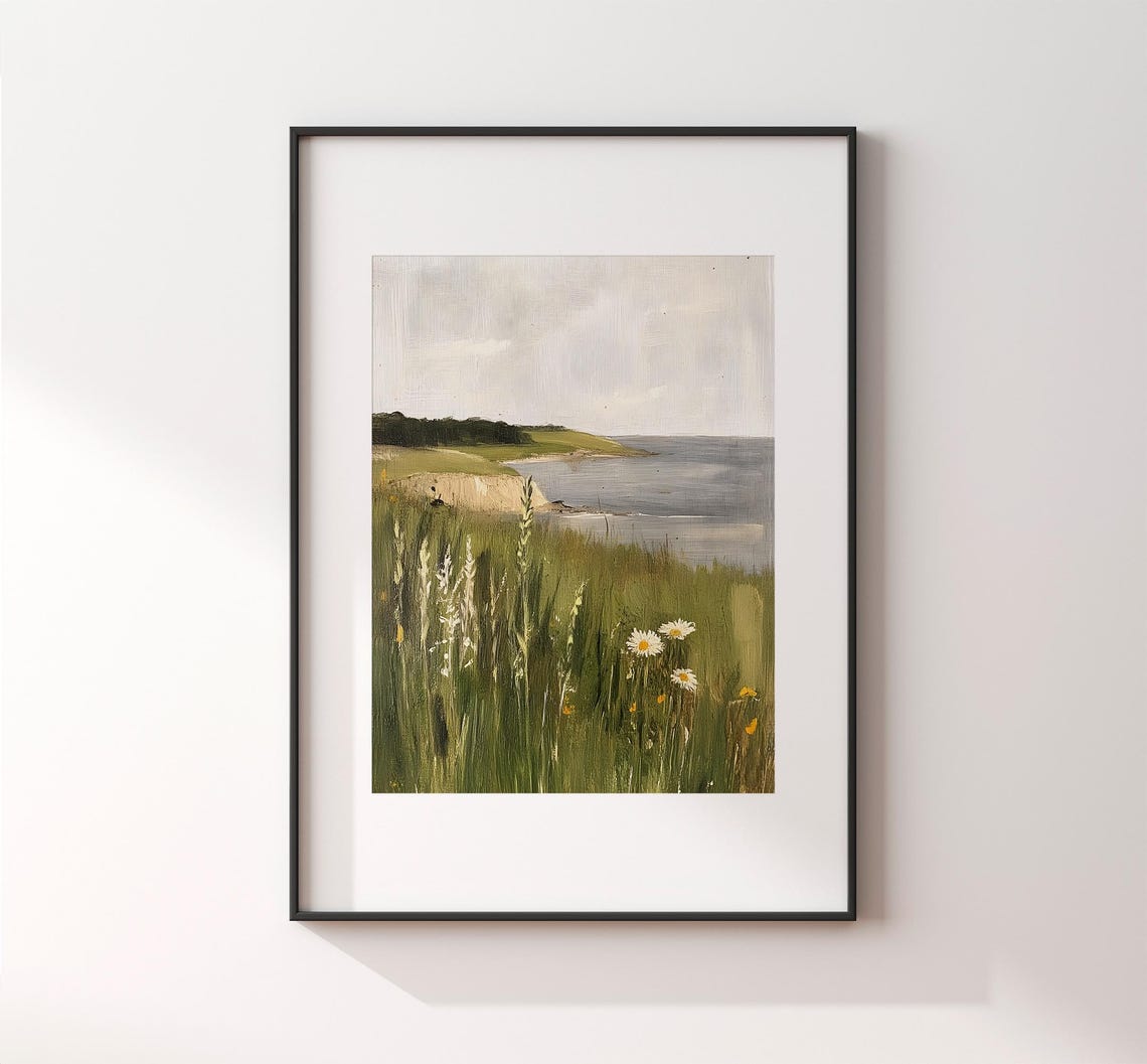 Coastal Cliffs With Daisies Vintage Seaside Landscape Painting Poster - Image 2