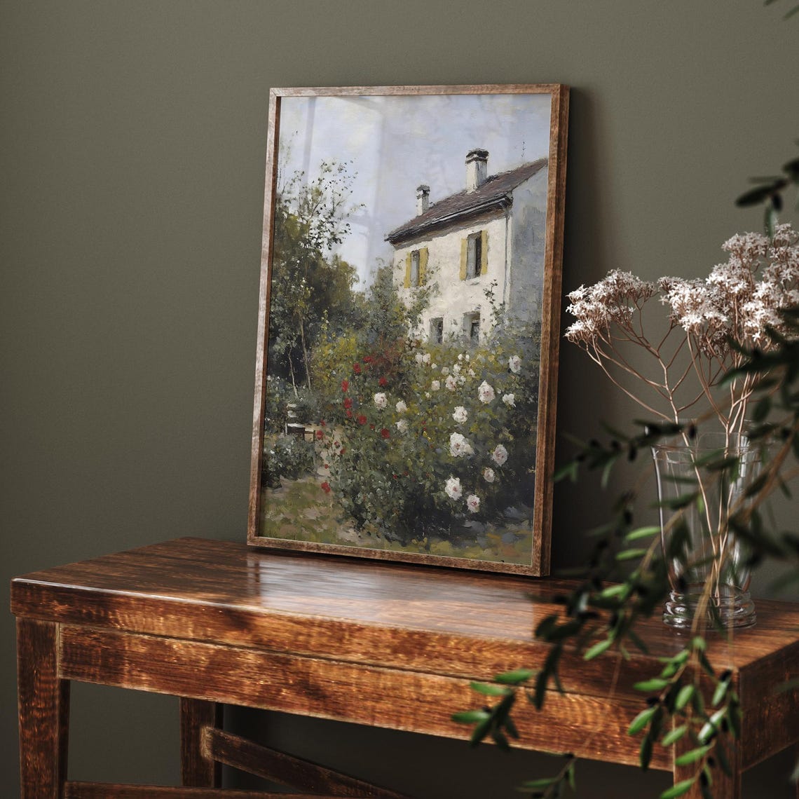 Vintage Cottage Garden Painting French Country Floral Landscape With House Rose Bushes And Trees Vi209 - Image 6
