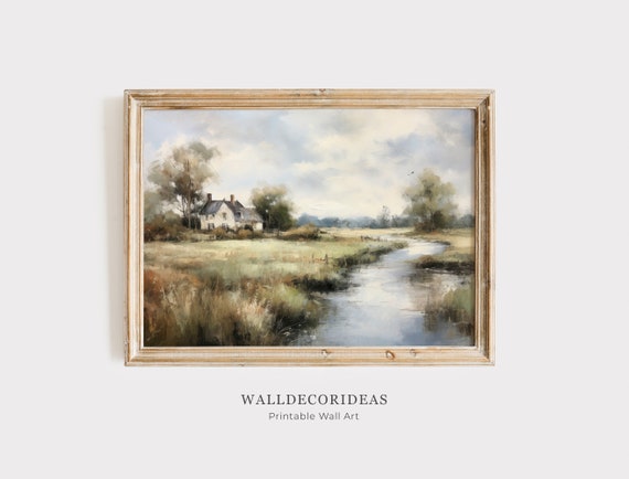 Cottage Landscape Oil Painting Vintage Rustic Country Decor Art River Artwork Wall Art