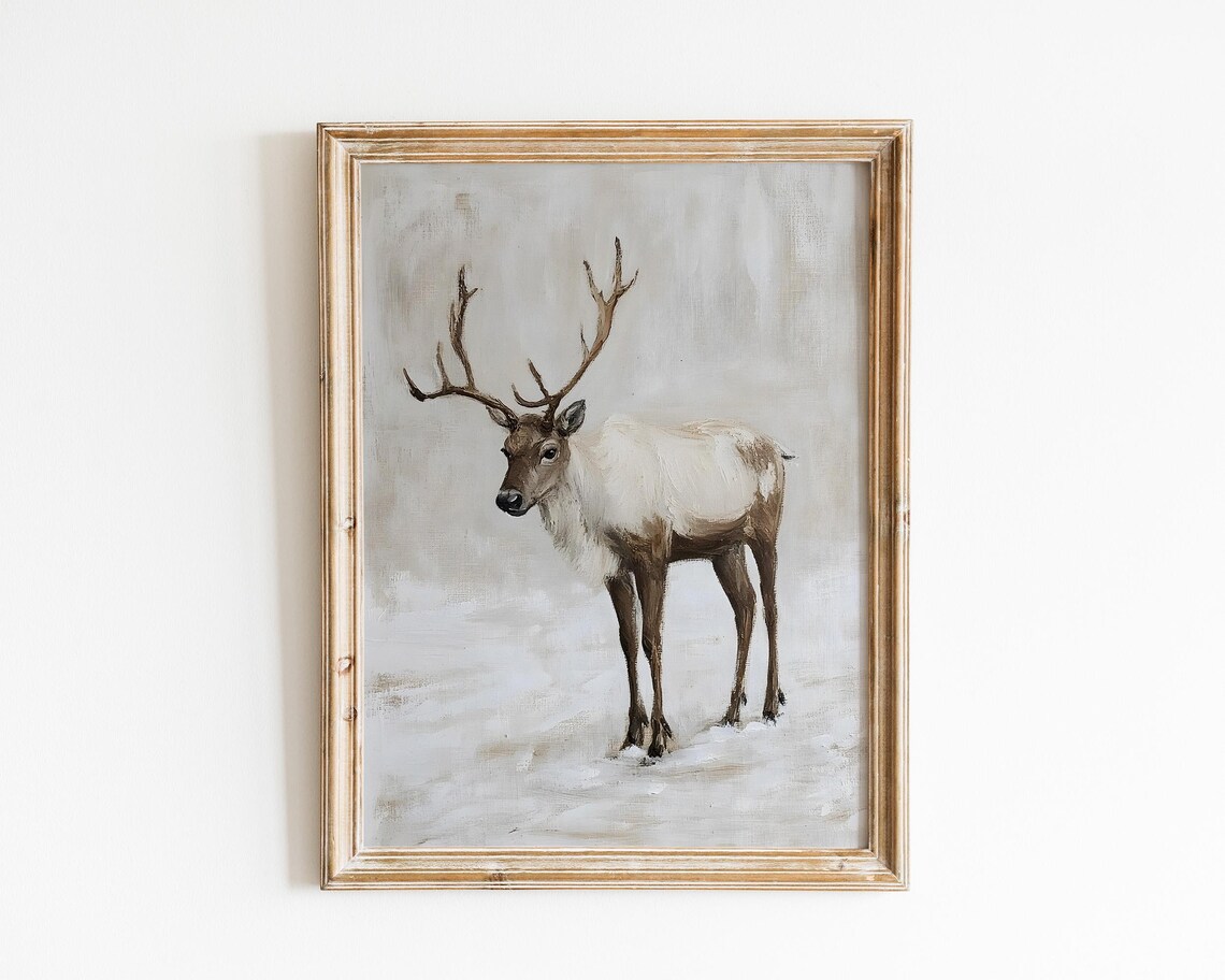 Standing Reindeer In Snow Neutral Toned Vintage Winter Animal Poster