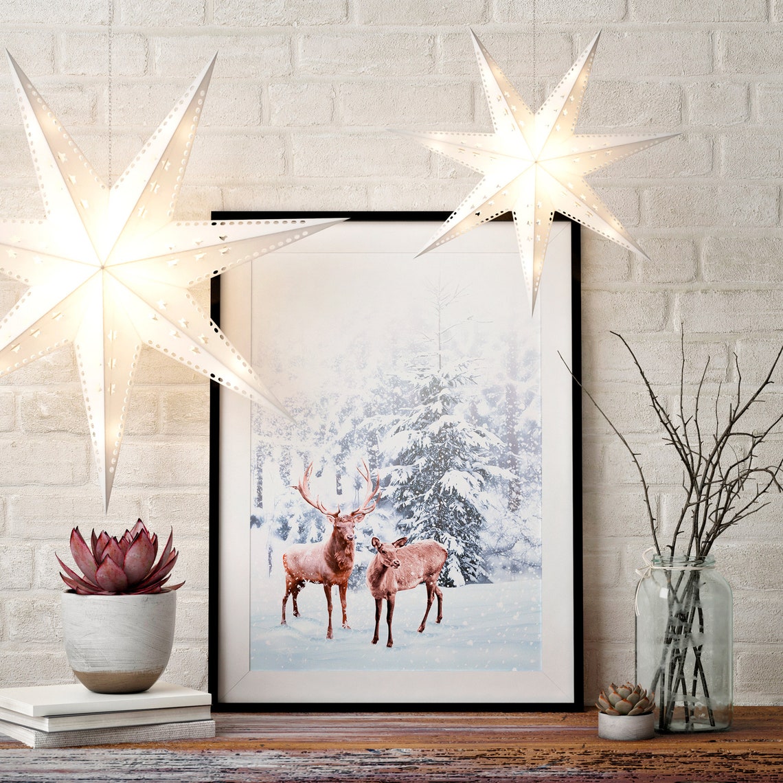Stag and Doe Deer Pair Snowy Winter Forest Wildlife Scene Poster - Image 2