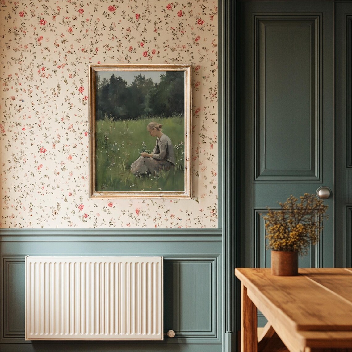 Woman Picking Flowers Meadow Green Field Dark Forest Edge Oil Poster - Image 3