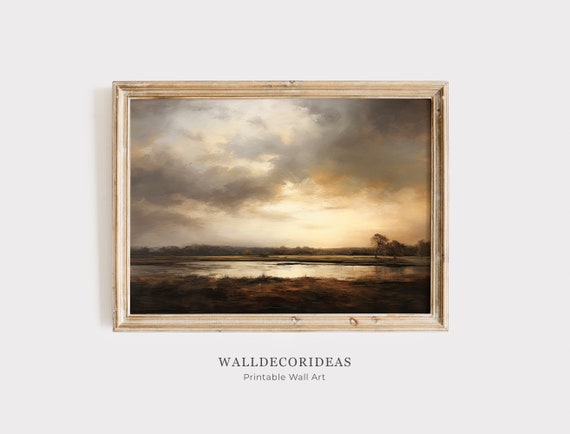 Antique Moody Watercolor Landscape Painting Brown Dark Artwork Vintage Woodland Oil Painting Wall Art