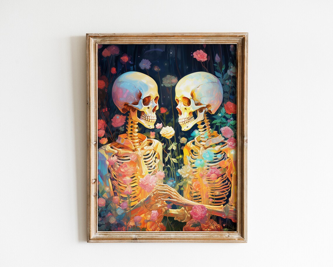 Skeleton Couple Holding Hands In Flower Garden Halloween Poster