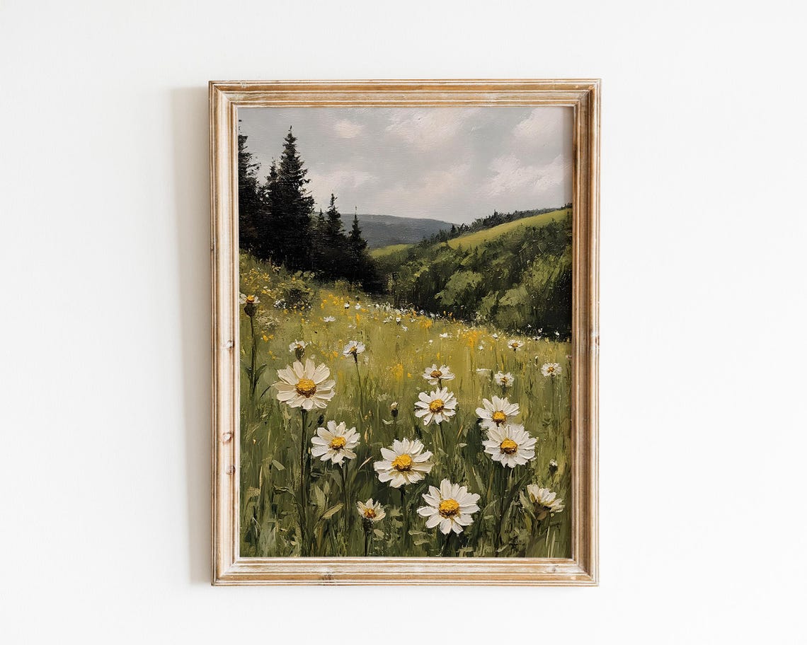 Daisy Field Before Pine Forest Vintage Green Meadow Painting Poster