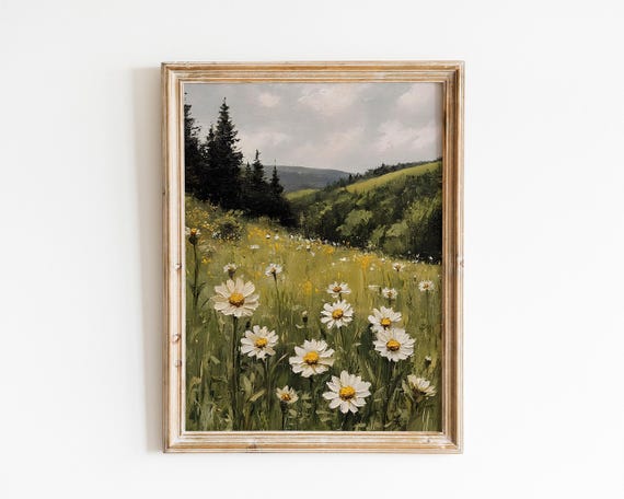 Vintage Daisy Field Landscape Painting Moody Green Mountain Meadow Wall Art Vi152