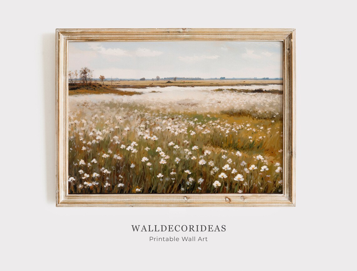 White Wildflower Field by Still Water Serene Vintage Landscape Poster