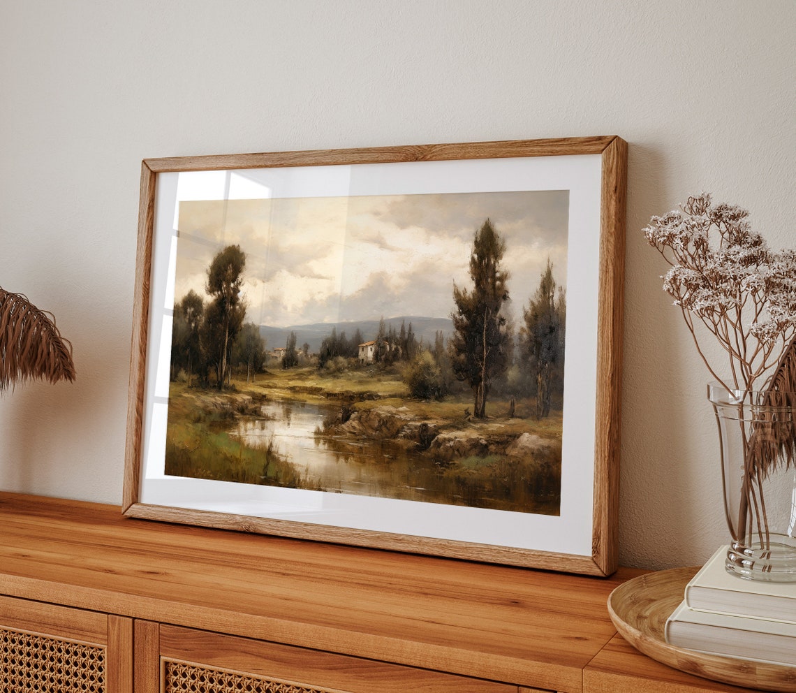 Tranquil Countryside Pond With Poplar Trees And Cottage Poster - Image 2