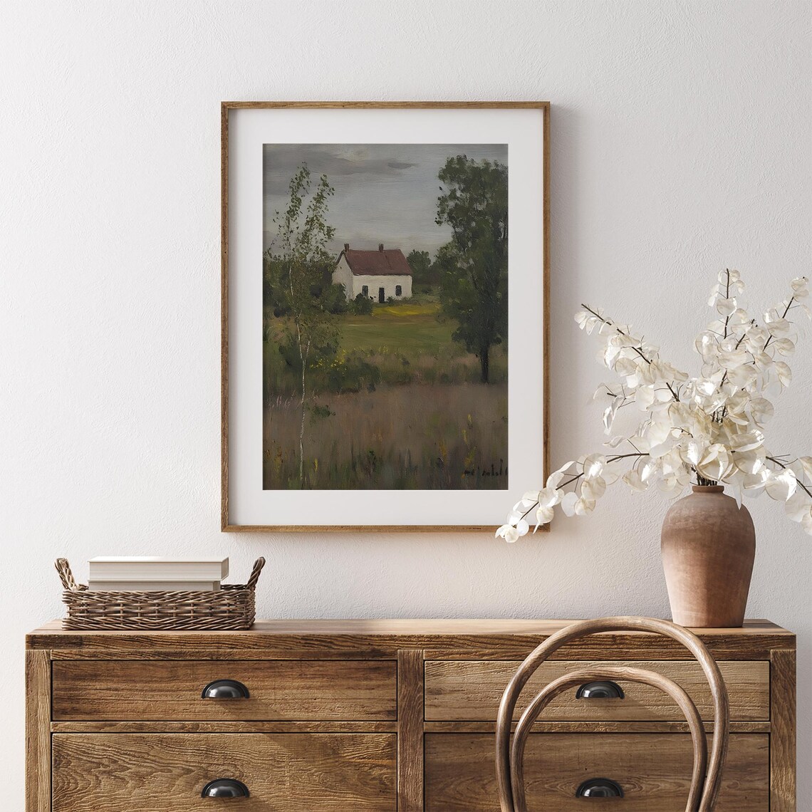 White House With Red Roof In Green Meadow Vintage Painting Poster - Image 7