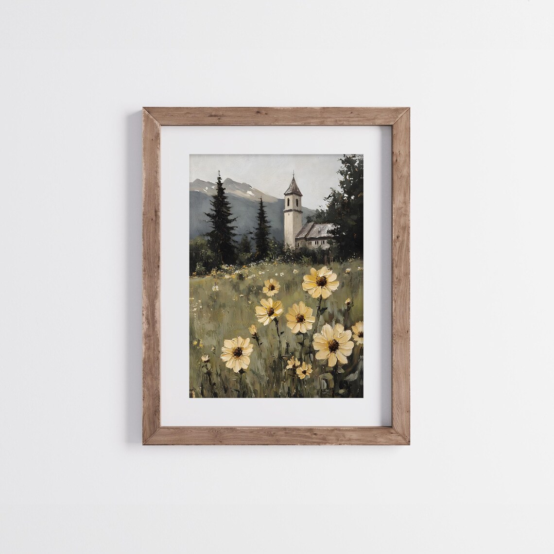 Mountain Village Church With Daisies Vintage Alpine Painting Poster - Image 3