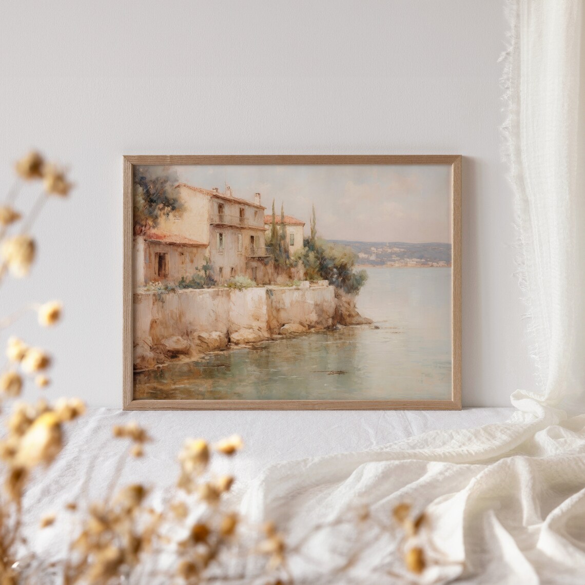 Mediterranean Seaside Village on Rocky Cliffs Warm Tone Vintage Art Poster - Image 4